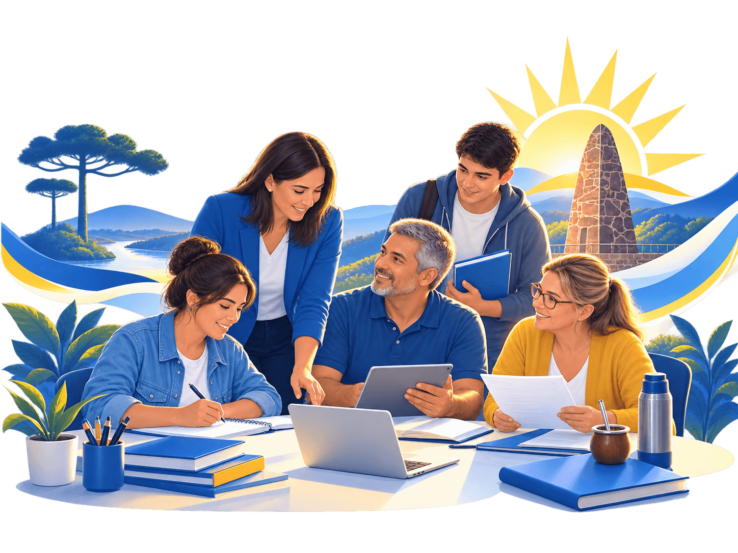 Estudiantes jóvenes y adultos del CENS N.º 147 estudiando juntos, con el monolito y el amanecer de Bernardo de Irigoyen de fondo